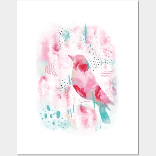 Modern Abstract Flowers and Bird Pink and Mint print Posters and Art